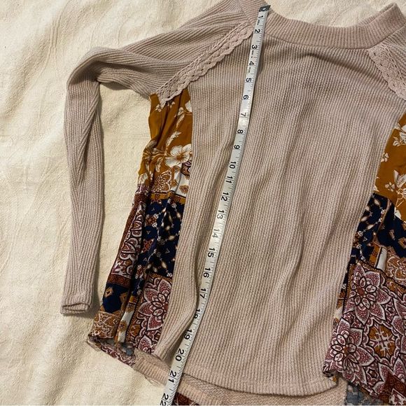 Blue Rain XS Thermal Mixed Material Boho Patchwork Tie Back Long Sleeve Top - Picture 7 of 8